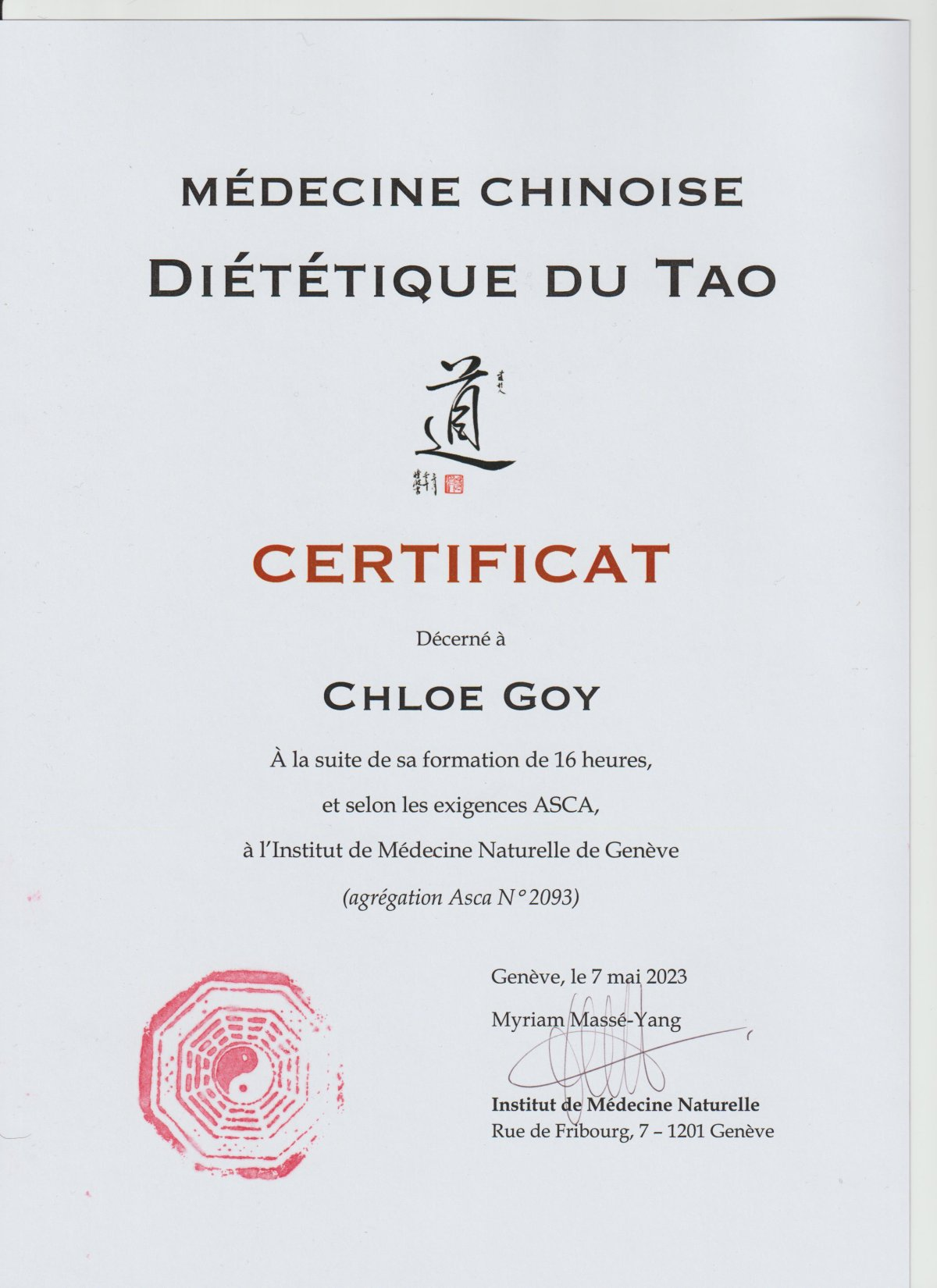 Certificat Médecine chinoise- Diététique du Tao - Chloé Goy
