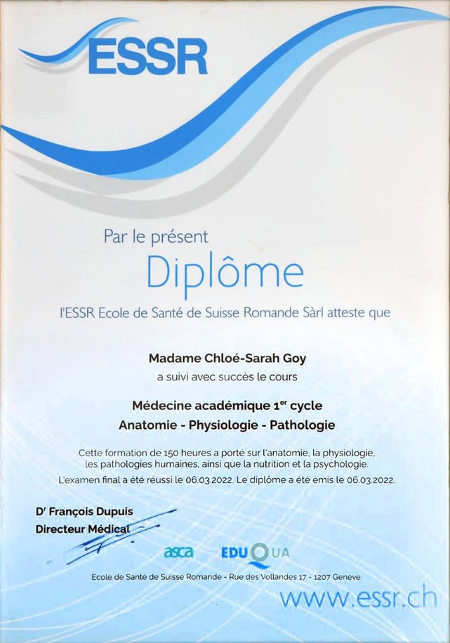 Diplôme Médecine académique 1er cycle - Anatomie-Physiologie-Pathologie - Chloé-Sarah Goy