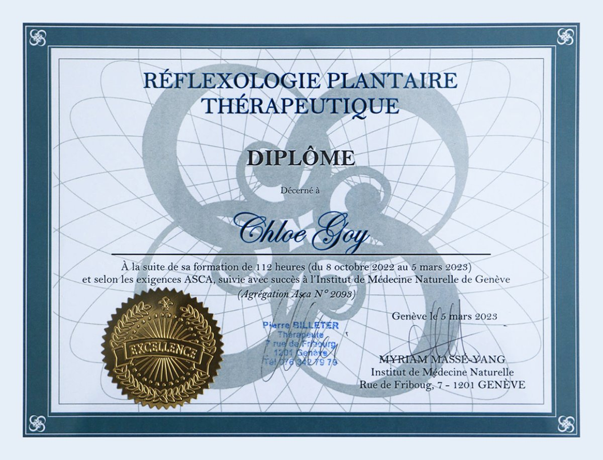 Diplôme Réflexologie plantaire Thérapeutique - Chloé-Sarah Goy